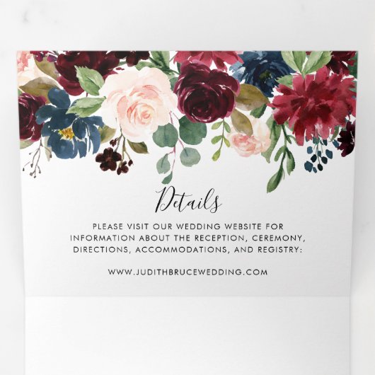 Elegante rustieke Bourgondische bruiloft Drieluik Uitnodiging (Binnenzijde eerst)