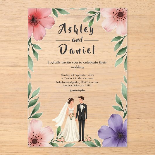 Elegante rustieke bruid en bruidegom zomer bloemen acryl uitnodigingen (Voorkant)