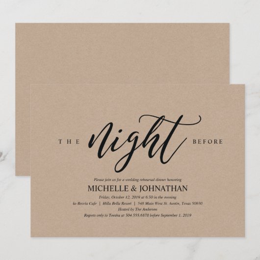 Elegante rustieke bruiloft repetitie diner nodigt kaart (Voorkant / Achterkant)