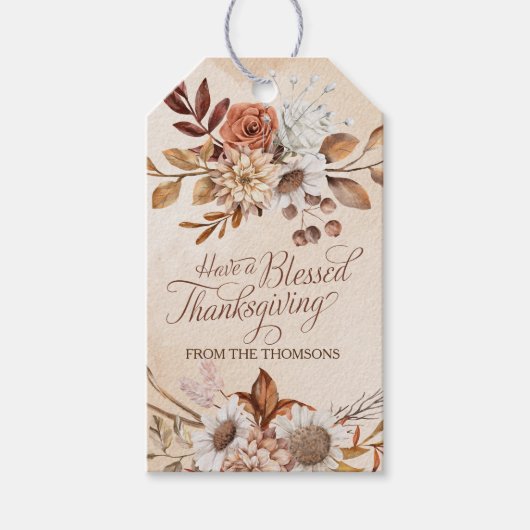 Elegante rustieke Bruine Crème Bloemen Thanksgivin Cadeaulabel (Voorkant)