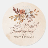 Elegante rustieke Bruine Crème Bloemen Thanksgivin Ronde Sticker (Voorkant)