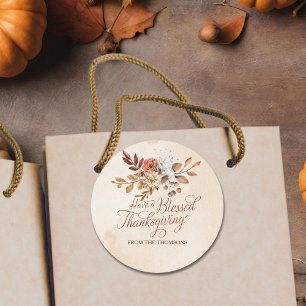 Elegante rustieke Bruine Crème Bloemen Thanksgivin Ronde Sticker