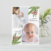 Elegante rustieke dennen en bessen 2 foto kerst feestdagenkaart (Staand voorkant)