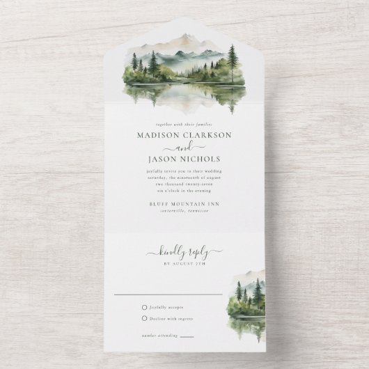 Elegante rustieke dennenberg landschap bruiloft all in one uitnodiging (Binnen)