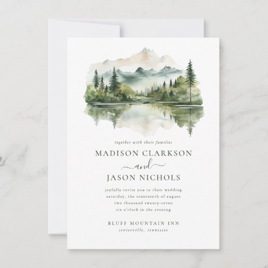 Elegante rustieke dennenberg landschap bruiloft kaart (Voorkant)