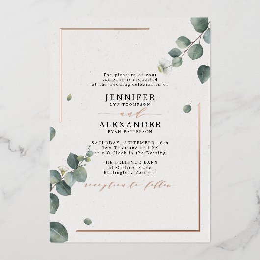 Elegante Rustieke Eucalyptus Bruiloft Roze Goud Folie Uitnodiging (Voorkant)