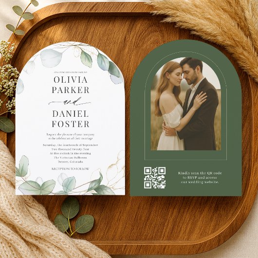 Elegante Rustieke Eucalyptus QR Code Foto Bruiloft Kaart