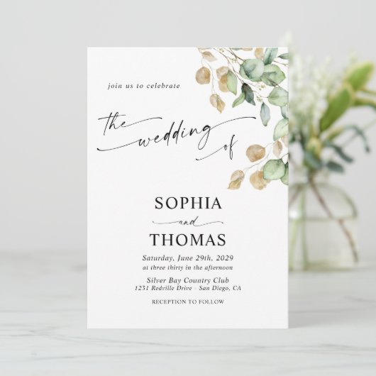 Elegante rustieke eucalyptus verlaat fotobruiloft kaart (Staand voorkant)