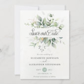 Elegante rustieke eucalyptusblad groen wedding save the date (Voorkant)