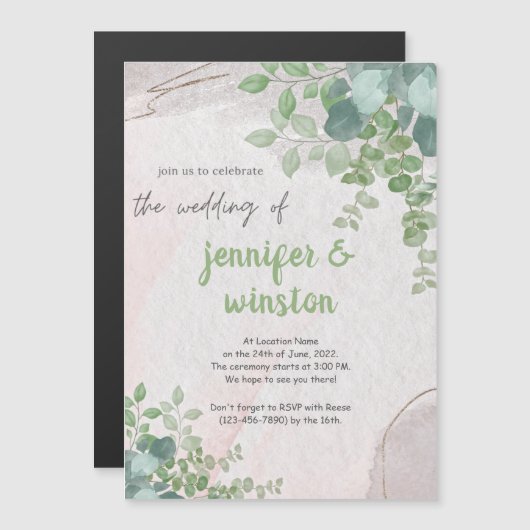 Elegante Rustieke Eucalyptusbladeren Bruiloft Magnetische Uitnodiging (Voorkant / Achterkant)