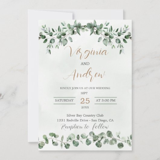 Elegante Rustieke Eucalyptusbladeren Groene Huweli Kaart (Voorkant)