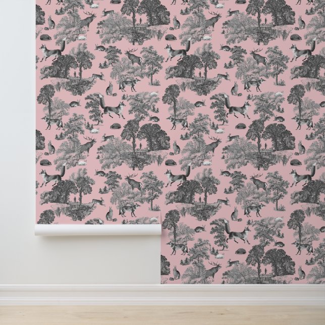 Elegante rustieke Fox Forest dieren roze toilet Behang (Applicatie)