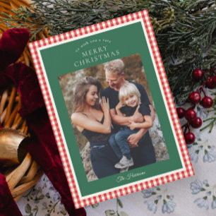 Elegante Rustieke Gingham Foto Kerstmis Kaart