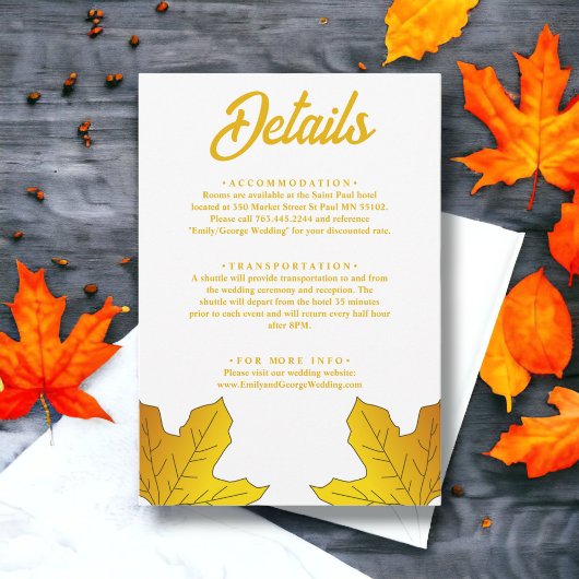 Elegante rustieke gouden bladeren Herfst bloemenbr Informatiekaartje