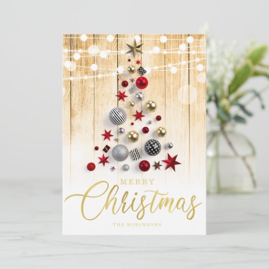 Elegante rustieke gouden script kerstboom kaart (Staand voorkant)
