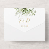 Elegante rustieke groen goud typografie bruiloft all in one uitnodiging (Achterkant)