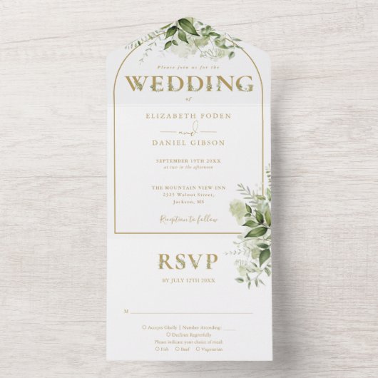 Elegante rustieke groen gouden boog bruiloft all in one uitnodiging (Binnen)