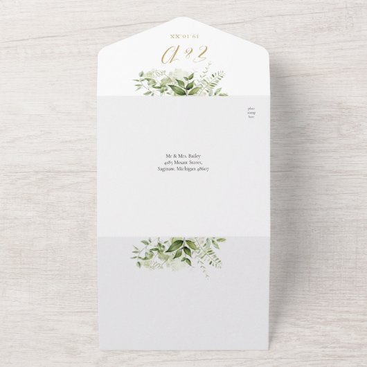 Elegante rustieke groen gouden QR code bruiloft All In One Uitnodiging (Buitenkant)