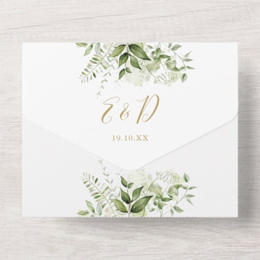 Elegante rustieke groen gouden QR code bruiloft All In One Uitnodiging (Achterkant)