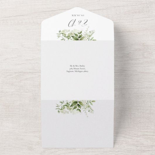 Elegante rustieke groen QR code bruiloft All In One Uitnodiging (Buitenkant)