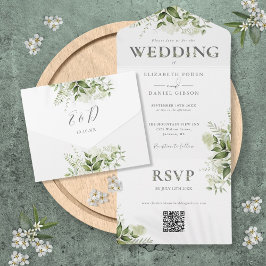 Elegante Rustieke Groene QR Code Trouwen All In One Uitnodiging