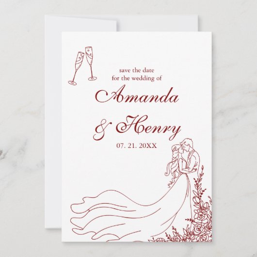 Elegante rustieke hand getrokken paar Bourgogne fo Save The Date (Voorkant)