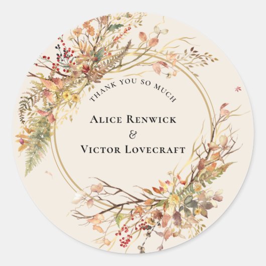 Elegante rustieke Herfst Beige bruiloft dank u gun Ronde Sticker (Voorkant)