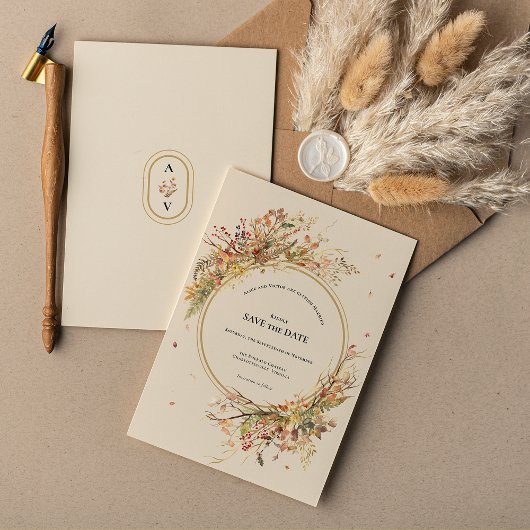 Elegante rustieke Herfst Beige bruiloft Monogram Save The Date