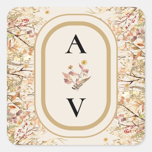 Elegante rustieke Herfst Beige bruiloft Monogram Vierkante Sticker (Voorkant)