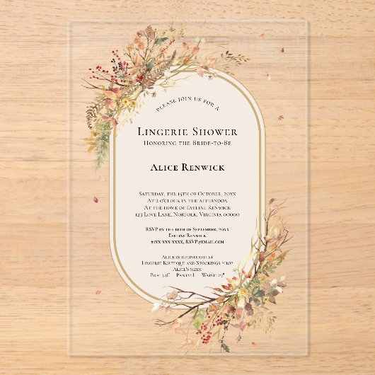 Elegante rustieke Herfst Beige Lingerie Douche Acryl Uitnodigingen (Voorkant)