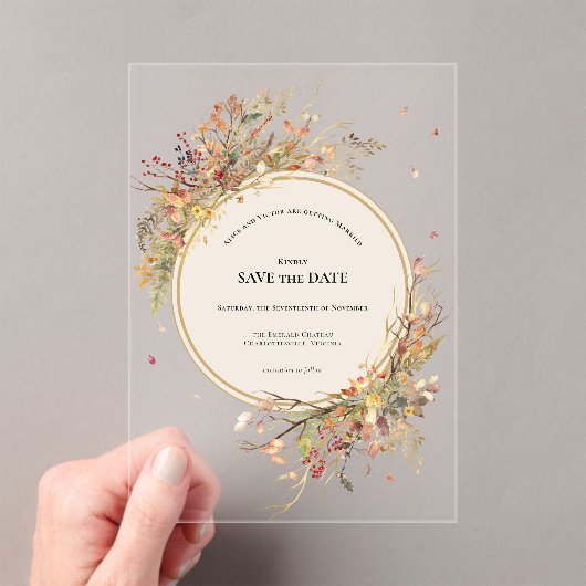 Elegante rustieke Herfst Beige Save the Date Acryl Uitnodigingen (Insitu (Draagbaar))