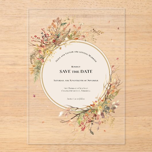 Elegante rustieke Herfst Beige Save the Date Acryl Uitnodigingen (Voorkant)