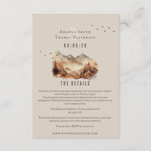 Elegante rustieke herfst berglandschap bruiloft informatiekaartje (Voorkant)