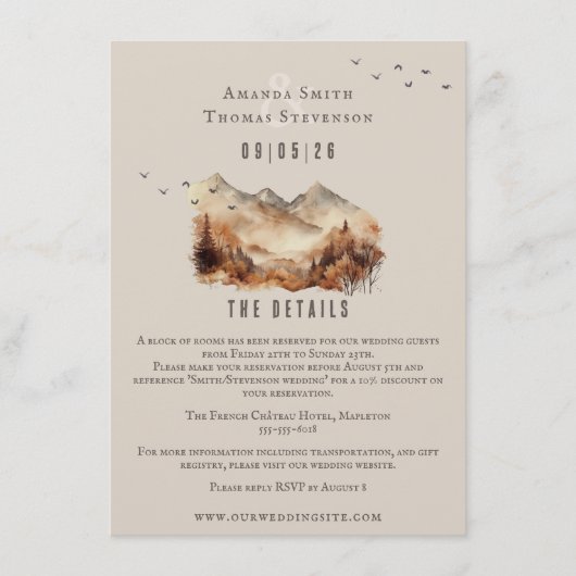 Elegante rustieke herfst berglandschap bruiloft informatiekaartje (Voorkant)