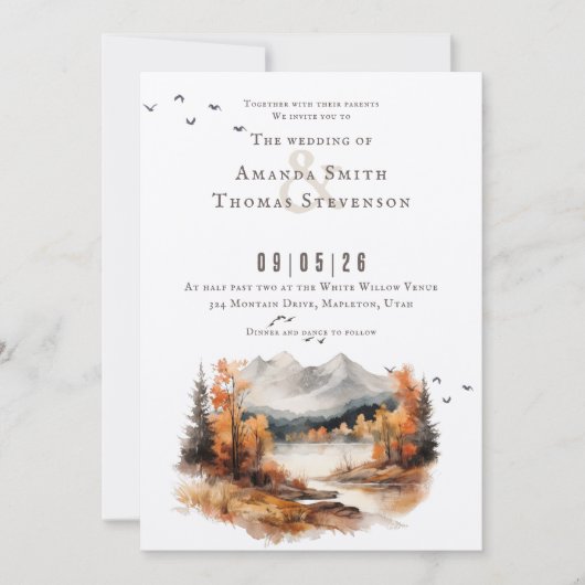 Elegante rustieke herfst berglandschap bruiloft kaart (Voorkant)