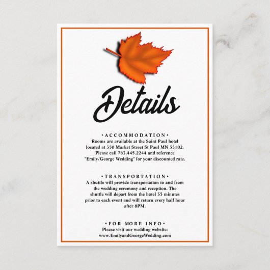 Elegante rustieke herfst bladeren herfst bruiloft informatiekaartje (Voorkant)