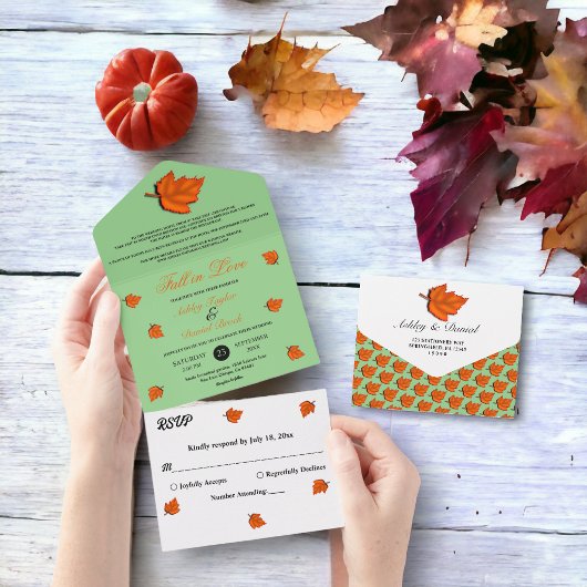 Elegante rustieke herfst bladeren salie herfst bru all in one uitnodiging