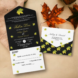 Elegante rustieke herfst bladeren zwart-wit bruilo all in one uitnodiging