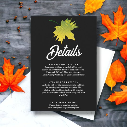 Elegante rustieke herfst bladeren zwart-wit bruilo informatiekaartje