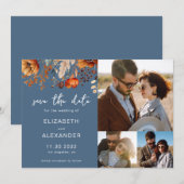 Elegante rustieke herfst bloemenbruiloft 3 foto's save the date (Voorkant / Achterkant)