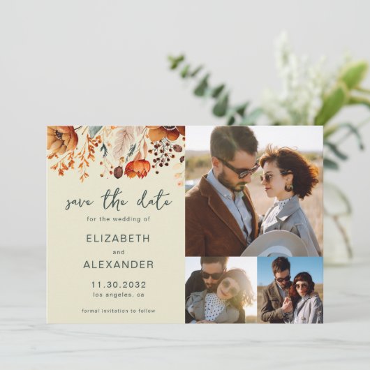Elegante rustieke herfst bloemenbruiloft 3 foto's save the date (Staand voorkant)