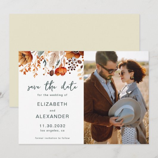 Elegante rustieke herfst bloemenbruiloft foto save the date (Voorkant / Achterkant)