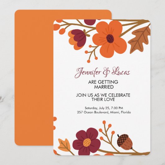 Elegante rustieke herfst bloemenbruiloft kaart (Voorkant / Achterkant)