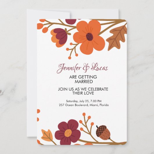 Elegante rustieke herfst bloemenbruiloft kaart (Voorkant)