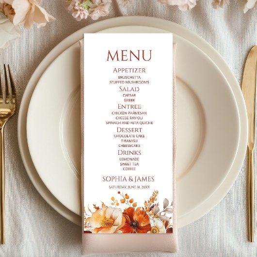 Elegante Rustieke Herfst Bloemige Bruiloft Menu
