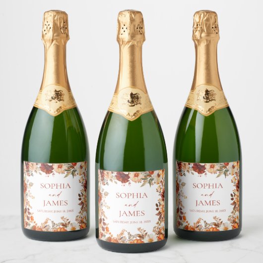 Elegante Rustieke Herfst Bloemige Bruiloft Sparkling Wijnetiket (Flessen)