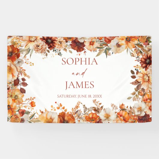 Elegante Rustieke Herfst Bloemige Trouwdag Spandoek (Horizontaal)