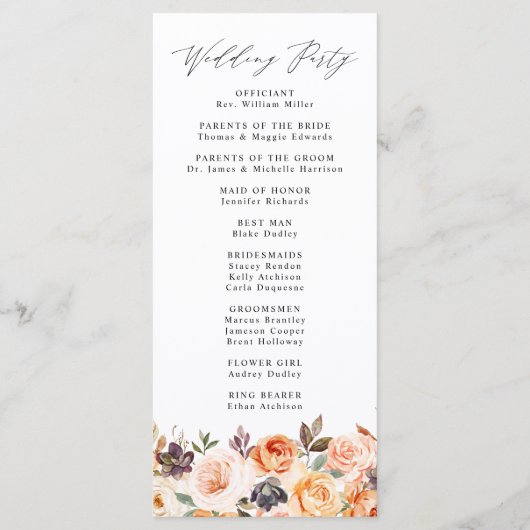 Elegante rustieke Herfst Floral bruiloft ceremonie Programmakaart (Achterkant)