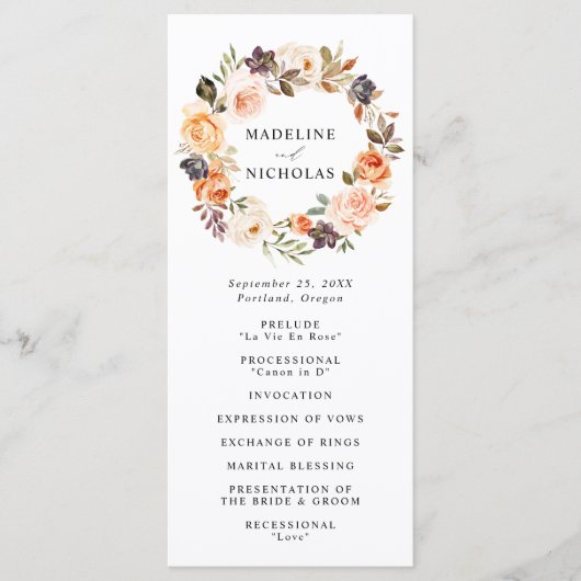 Elegante rustieke Herfst Floral bruiloft ceremonie Programmakaart (Voorkant)