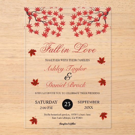 Elegante rustieke Herfst rode bladeren Boho herfst Acryl Uitnodigingen (Voorkant)